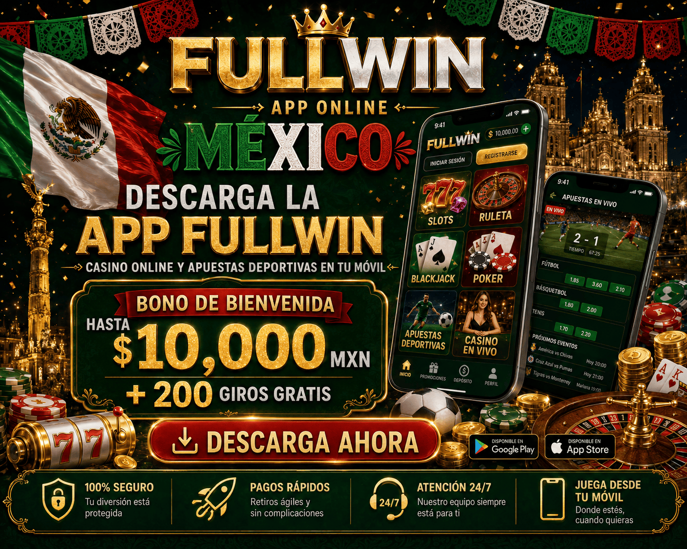 fullwin - visual principal de la app movil Escena de app movil de fullwin con telefono Android, monedas y elementos de interfaz de juego