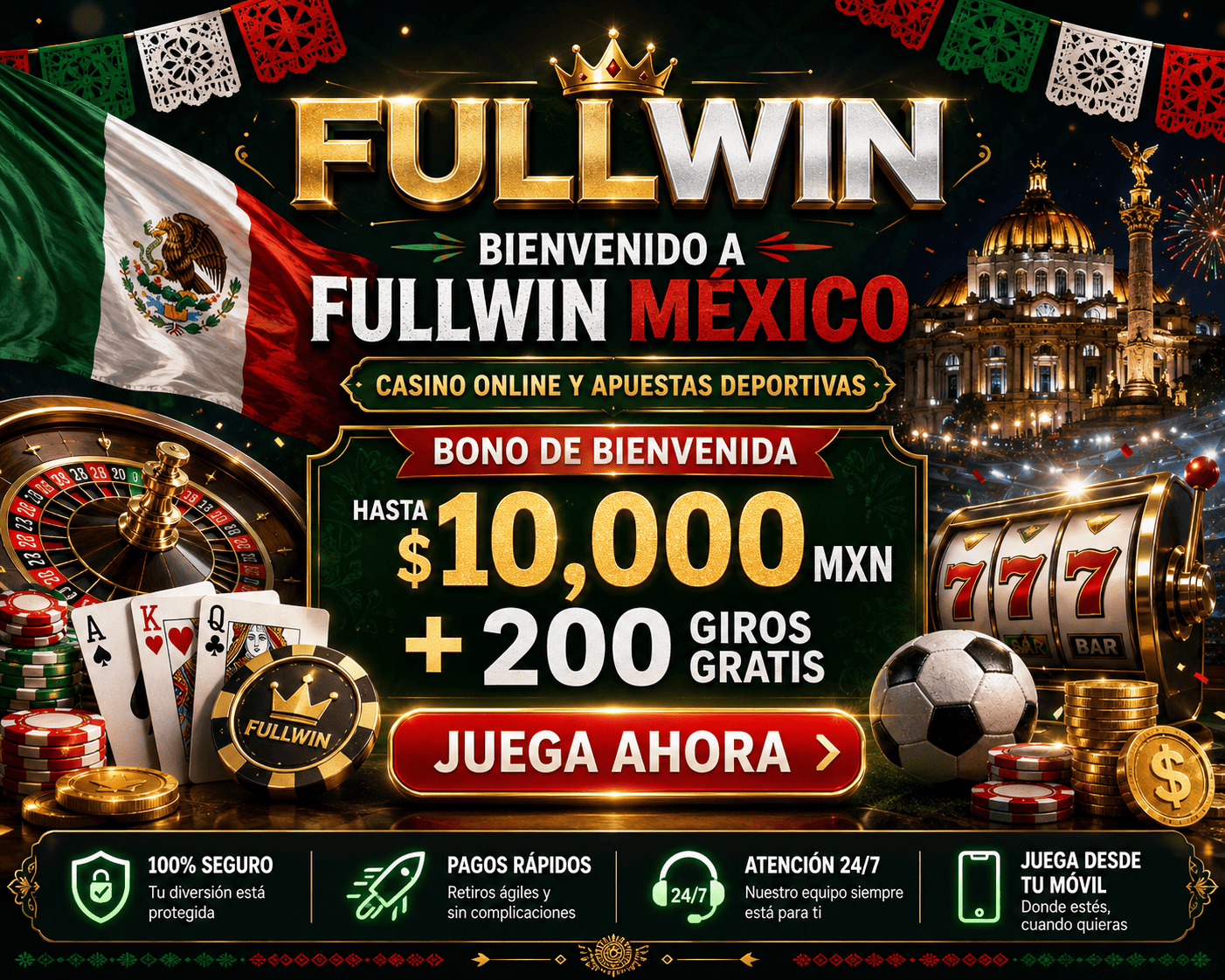fullwin - visual principal del casino Lobby de casino de fullwin con rodillos, mesas de juego y navegacion movil